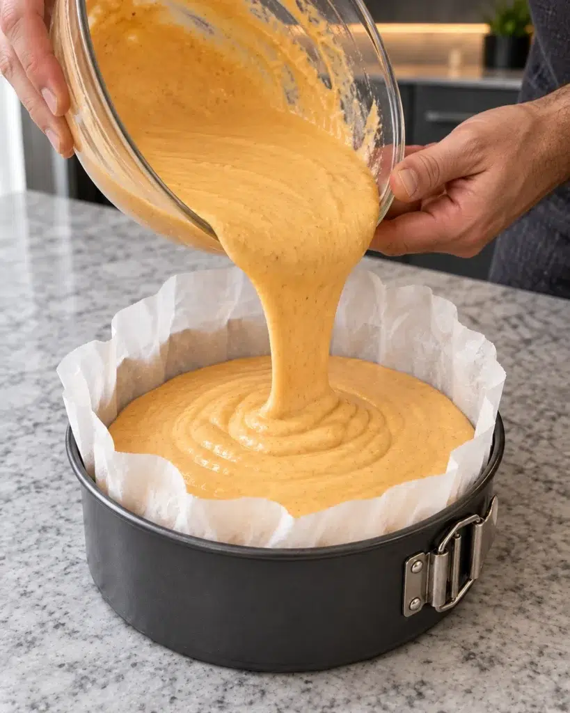 Pumpkin cheesecake batter poured into a parchment-lined springform pan