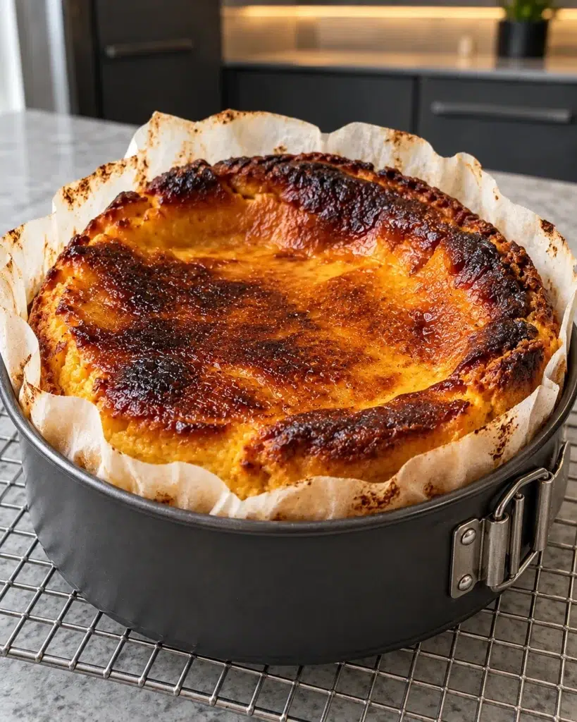 Whole baked pumpkin Basque cheesecake with a deeply browned top