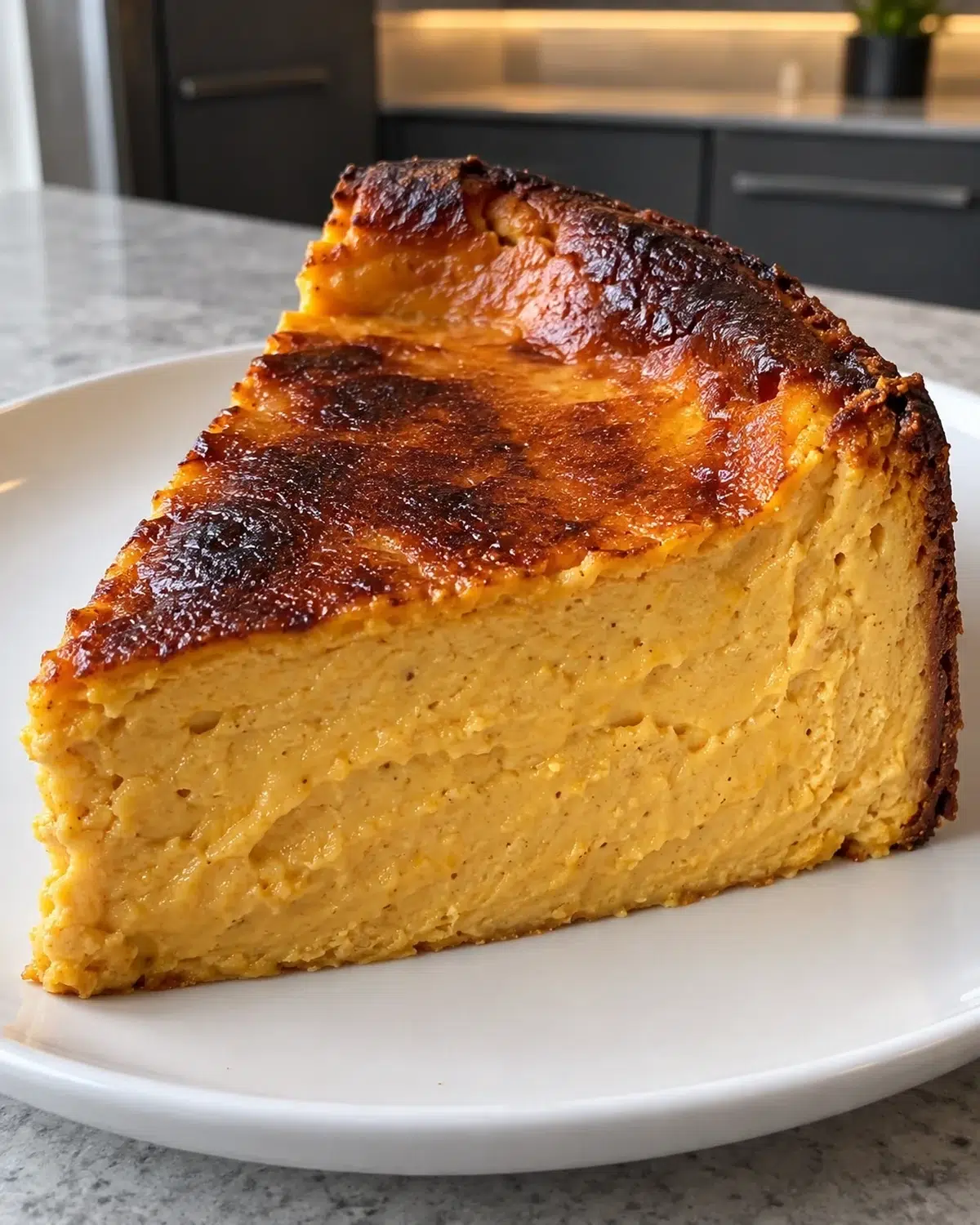 Slice of sugar-free pumpkin Basque cheesecake with a caramelized top and creamy orange center on a white plate