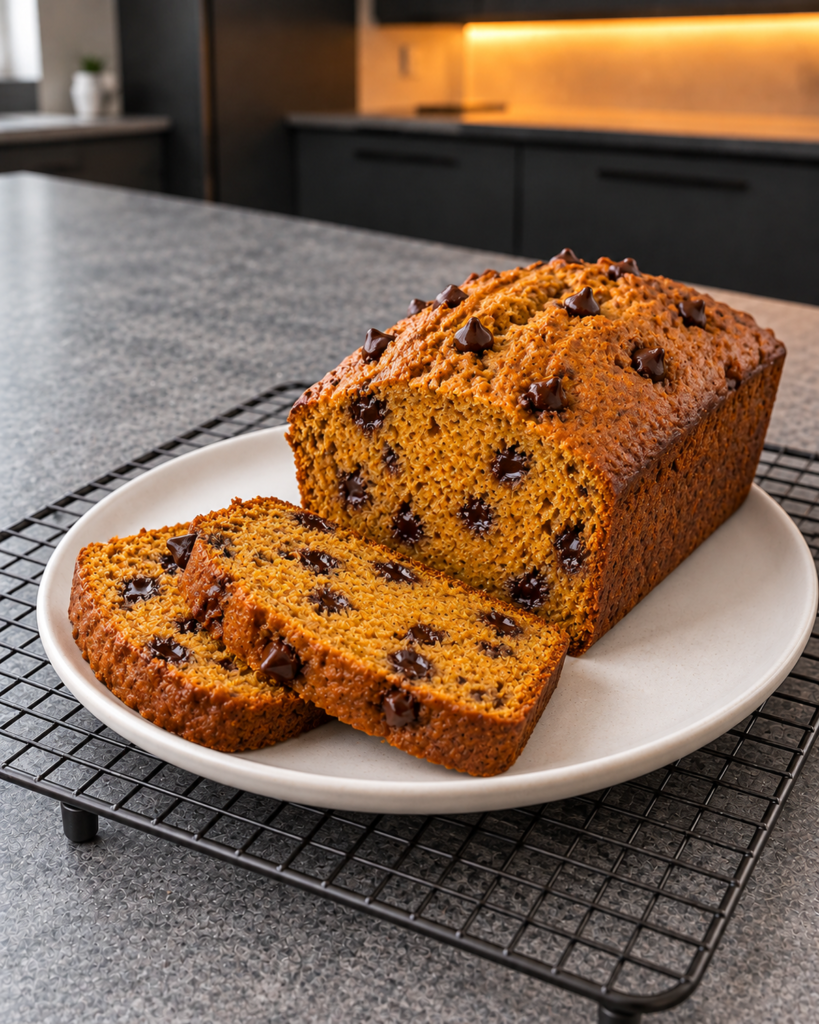 Baked sugar-free pumpkin bread loaf on a white plate with two slices cut from the end