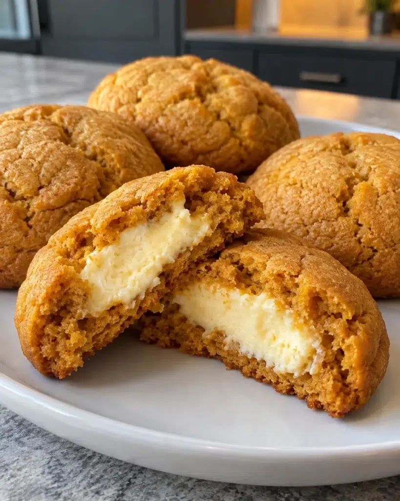 Sugar-free pumpkin cheesecake cookies on a white plate, one broken open to show the creamy center