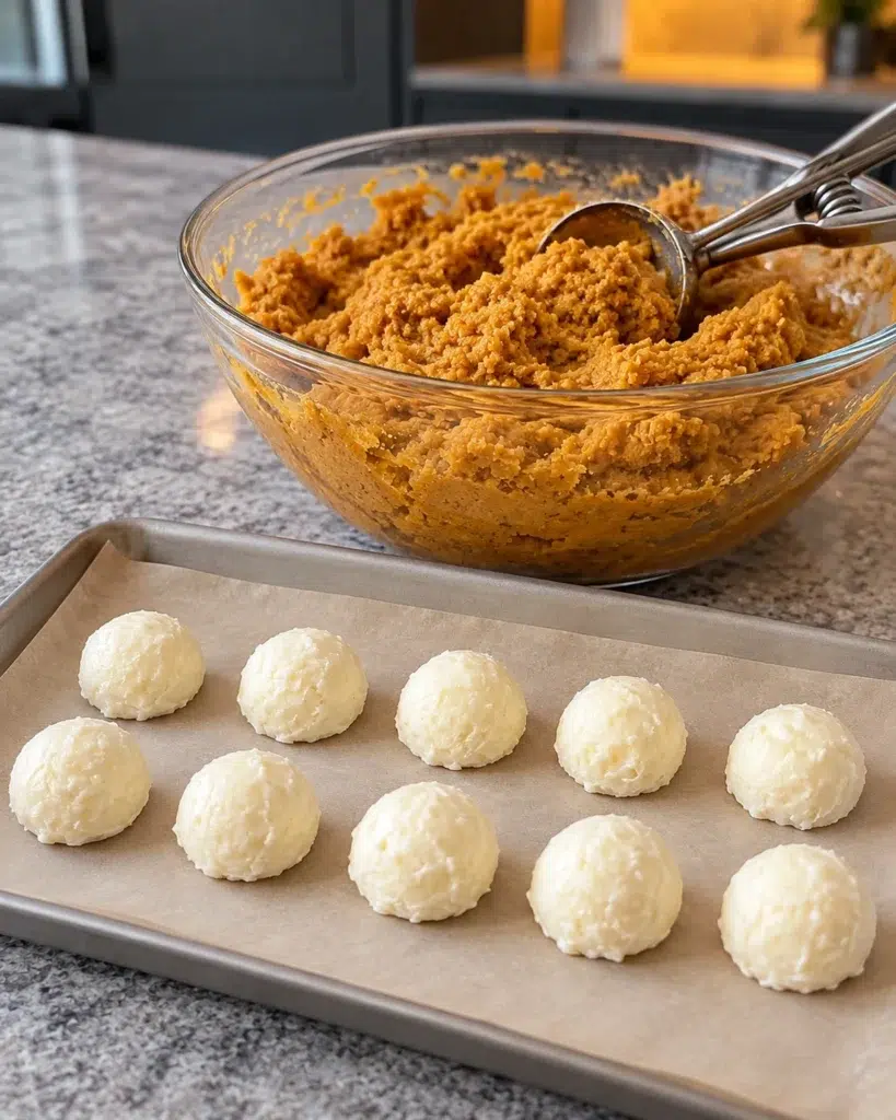 Frozen cheesecake mounds next to a bowl of pumpkin cookie dough