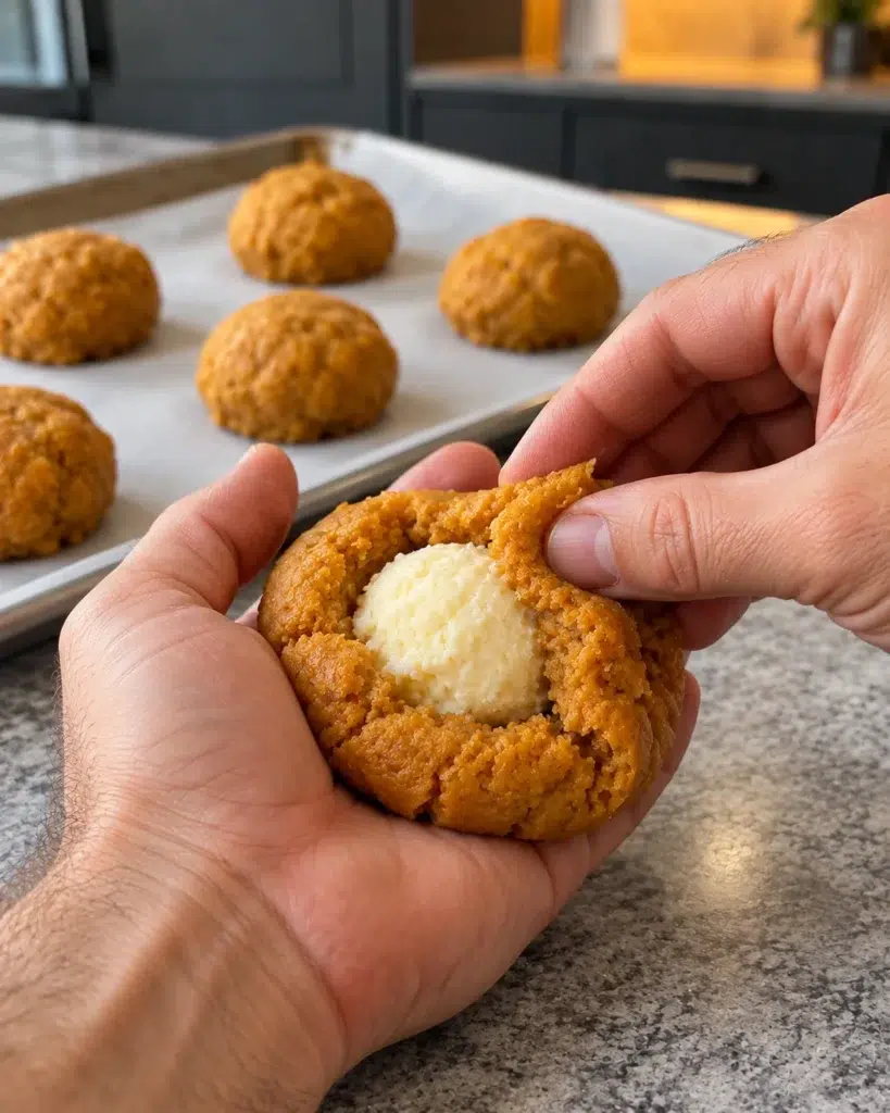 Pumpkin cookie dough being wrapped around a frozen cheesecake center
