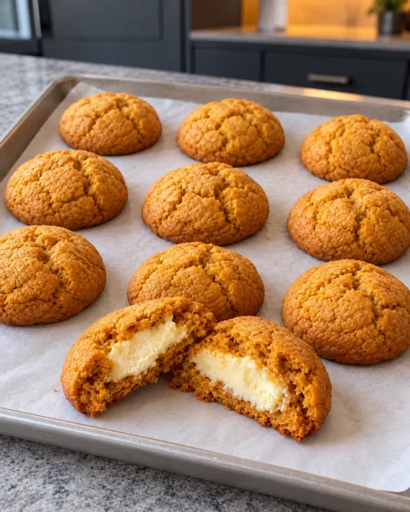 Ten baked sugar-free pumpkin cheesecake cookies on a baking sheet