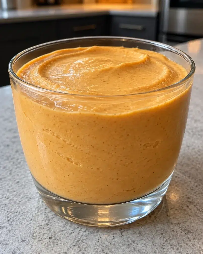 Sugar-free high-protein pumpkin cheesecake cup with a smooth swirled top in a clear glass