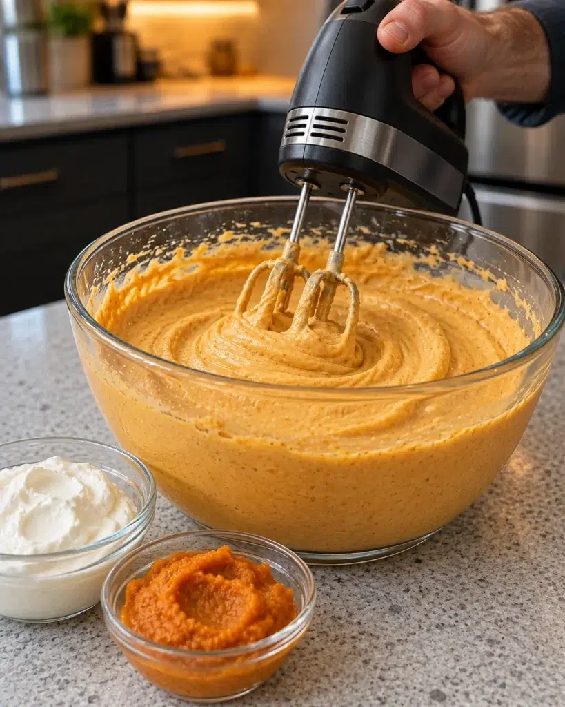 Pumpkin cheesecake mixture being beaten in a glass bowl