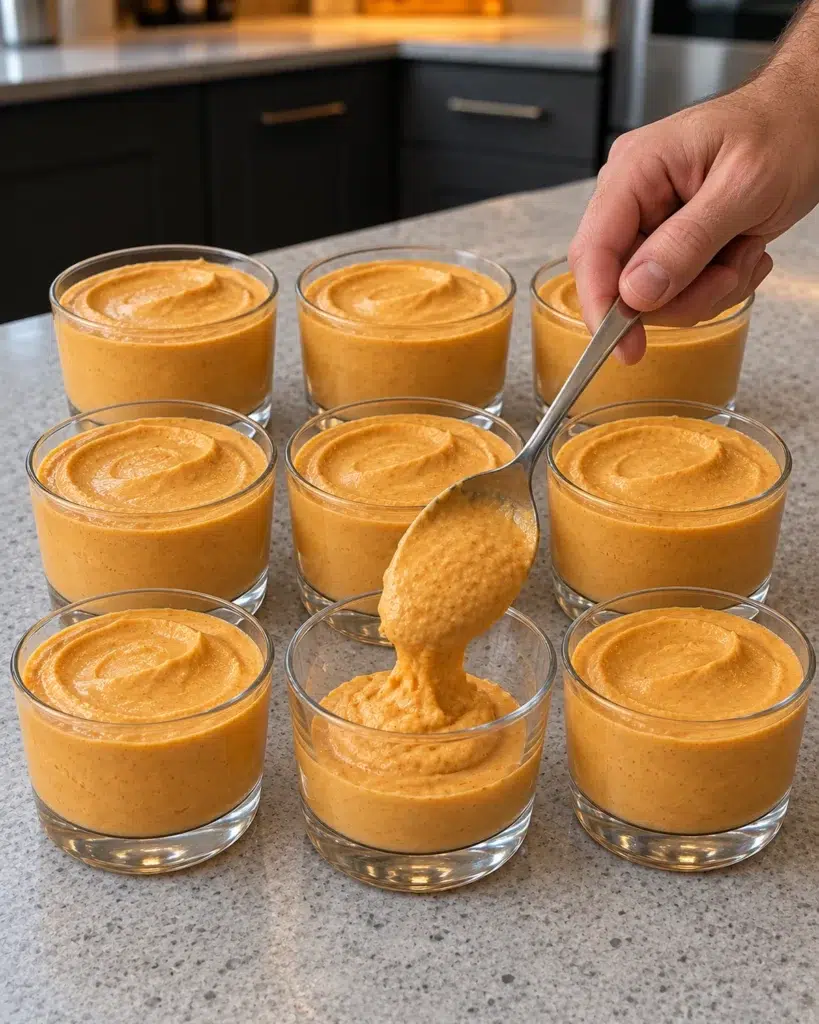 Pumpkin cheesecake being spooned into nine glass cups