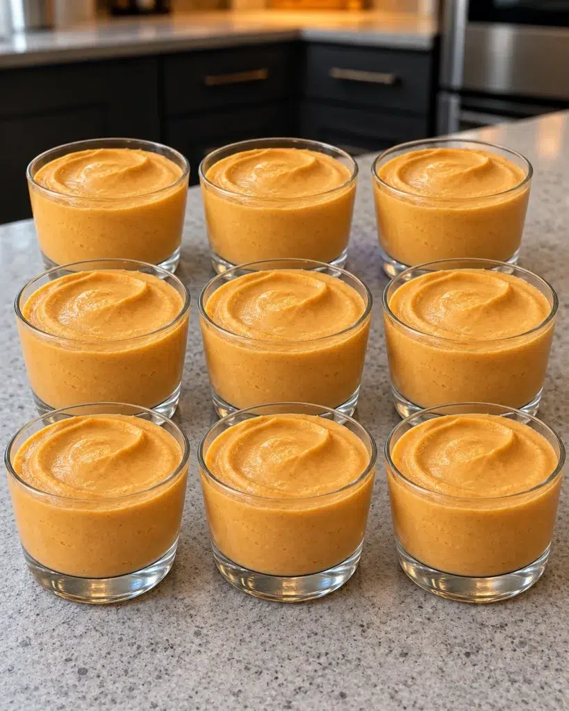 Nine sugar-free pumpkin cheesecake cups chilled and swirled