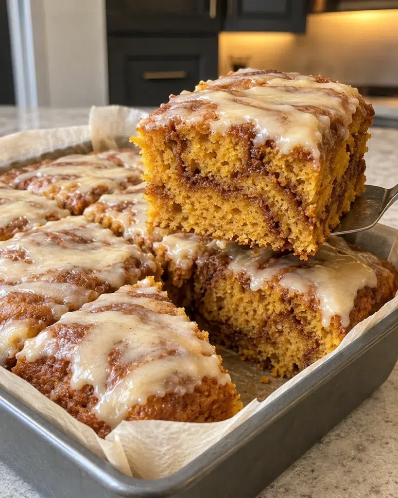 Square of sugar-free pumpkin coffee cake with cinnamon swirls and cream cheese glaze lifted from the pan