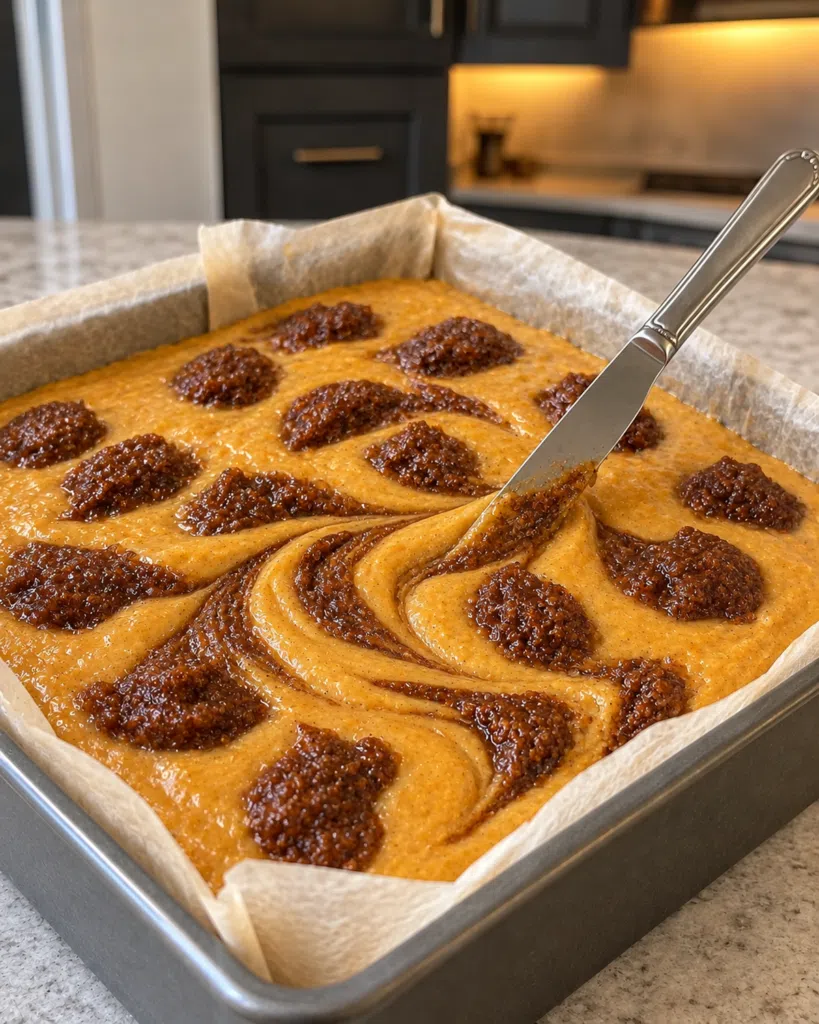 Cinnamon paste being swirled into pumpkin batter in a parchment-lined pan