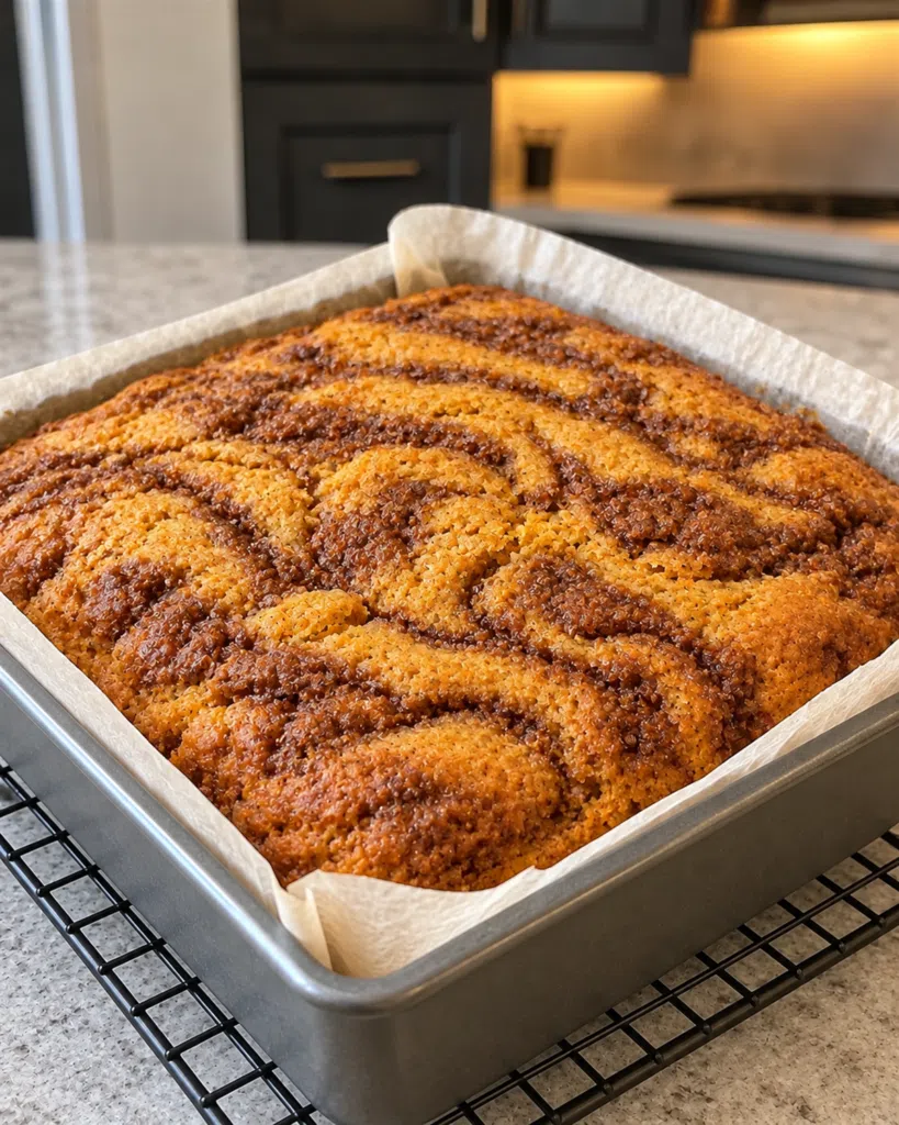 Baked pumpkin coffee cake with cinnamon swirls in the pan before glazing