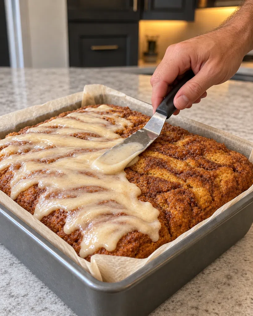 Cream cheese glaze being spread in ribbons over the pumpkin coffee cake