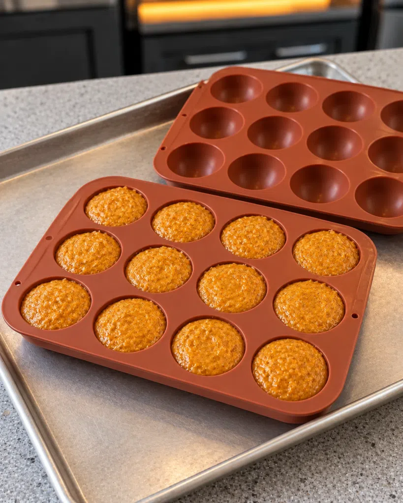 Pumpkin batter filling the cavities of a round silicone cake-pop mold