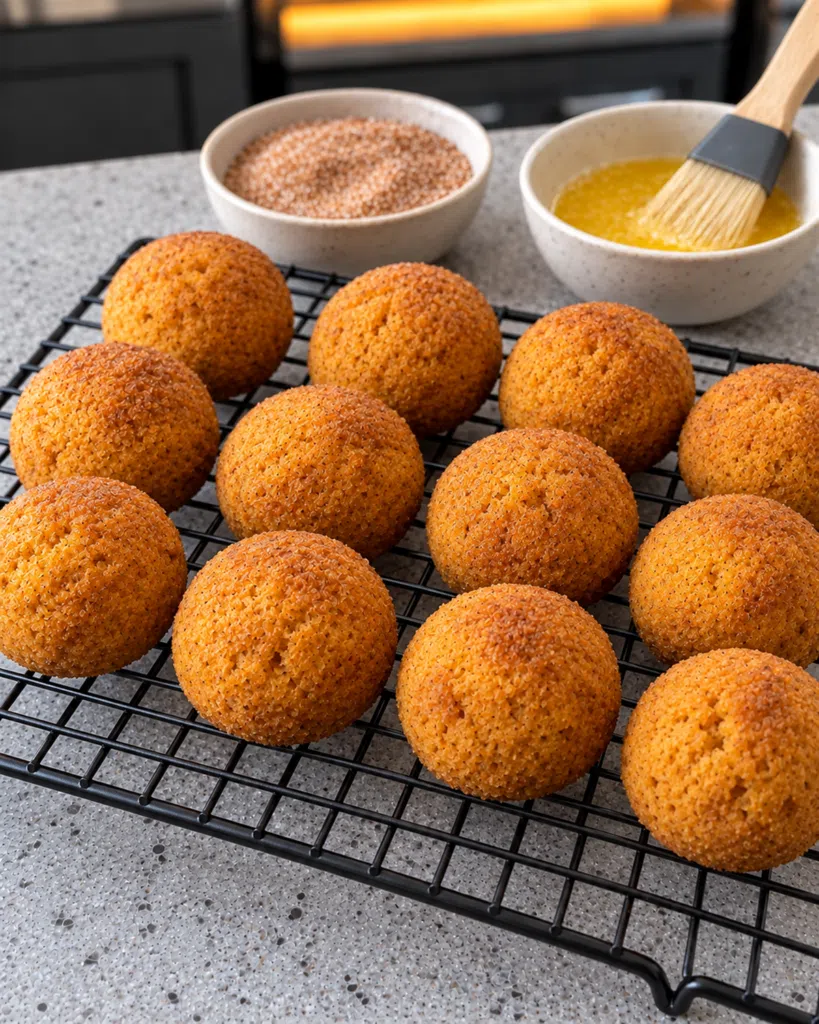 Baked round pumpkin donut holes cooling on a wire rack before coating