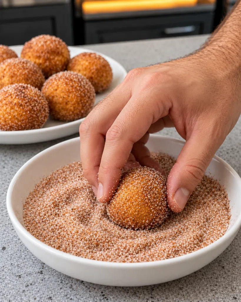 A pumpkin donut hole being rolled in pumpkin-spice coating
