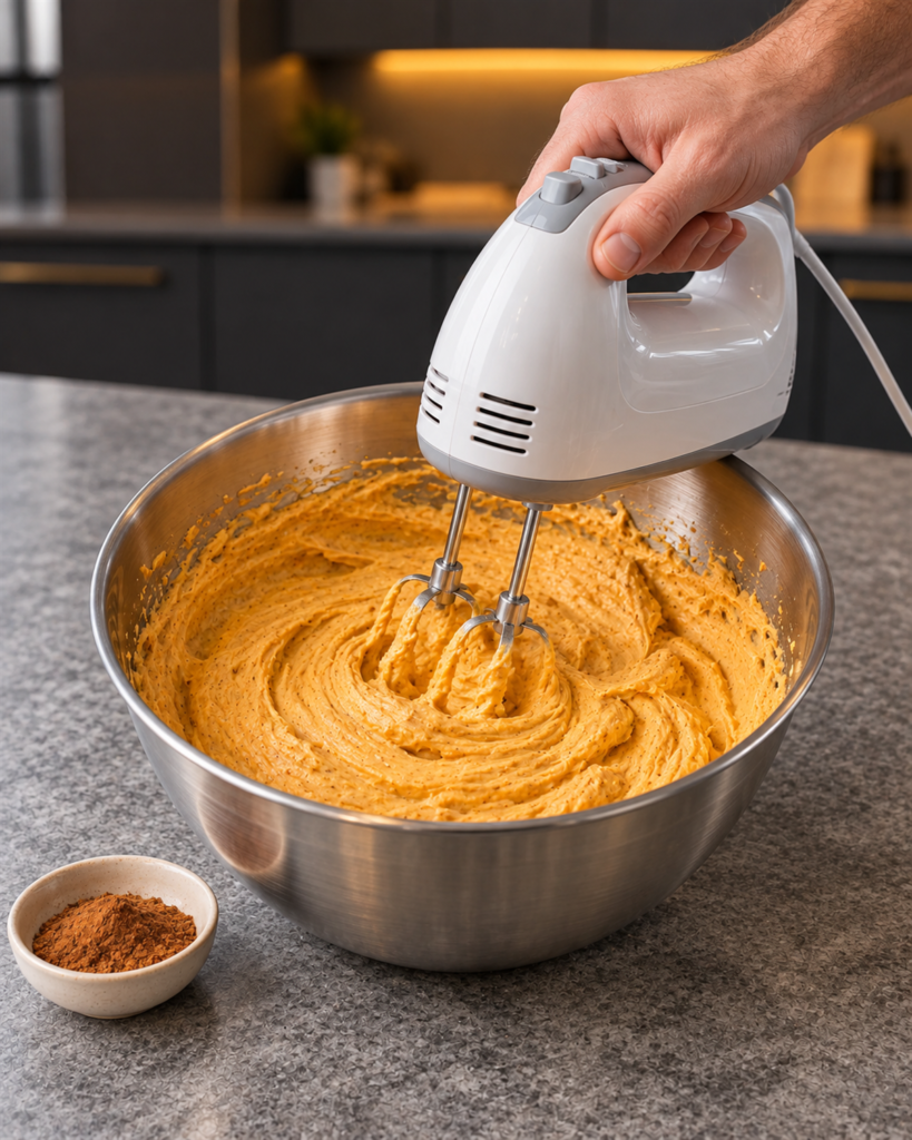 Cream cheese and pumpkin puree beaten smooth with a hand mixer in a bowl