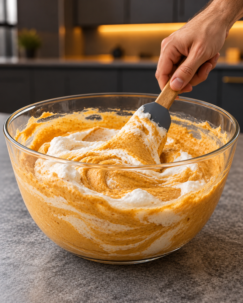 Whipped cream being folded into the orange pumpkin mixture with a spatula