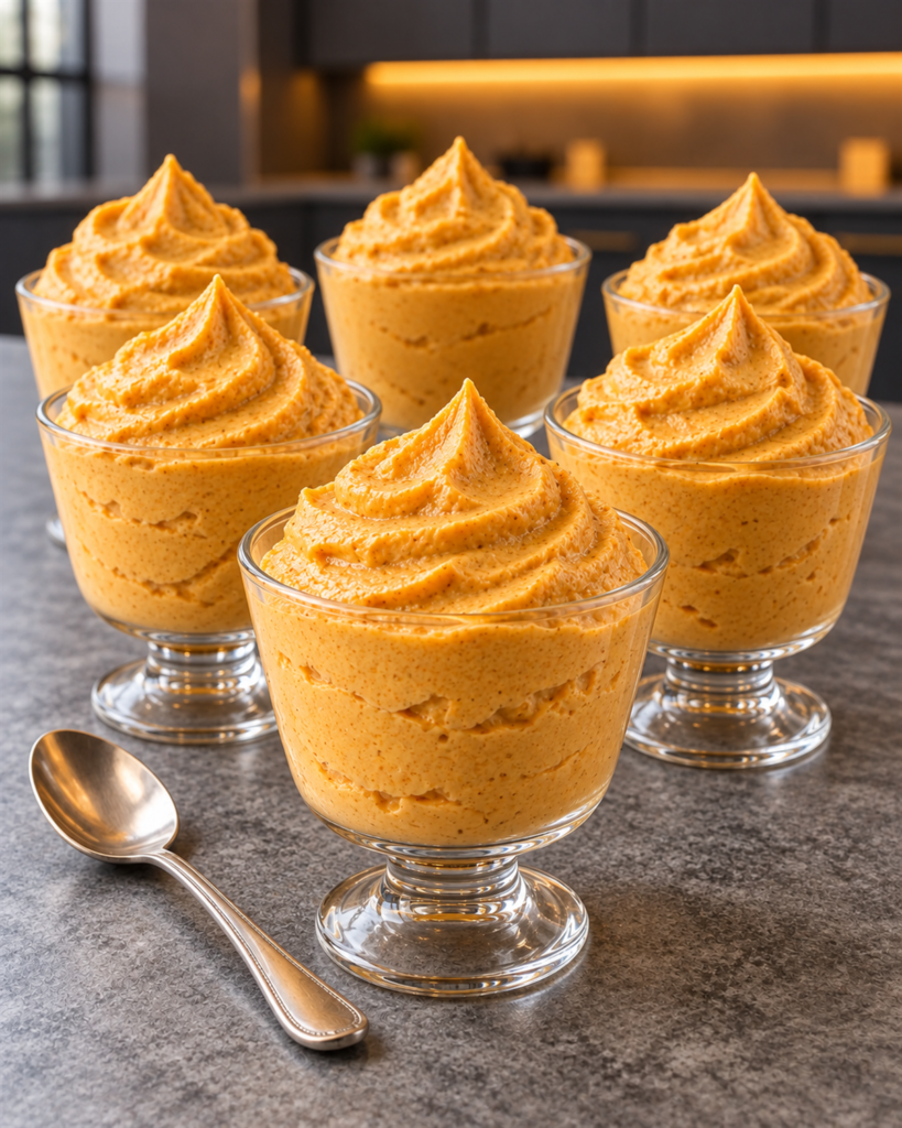 Six glasses of sugar-free pumpkin mousse with piped swirls and a spoon