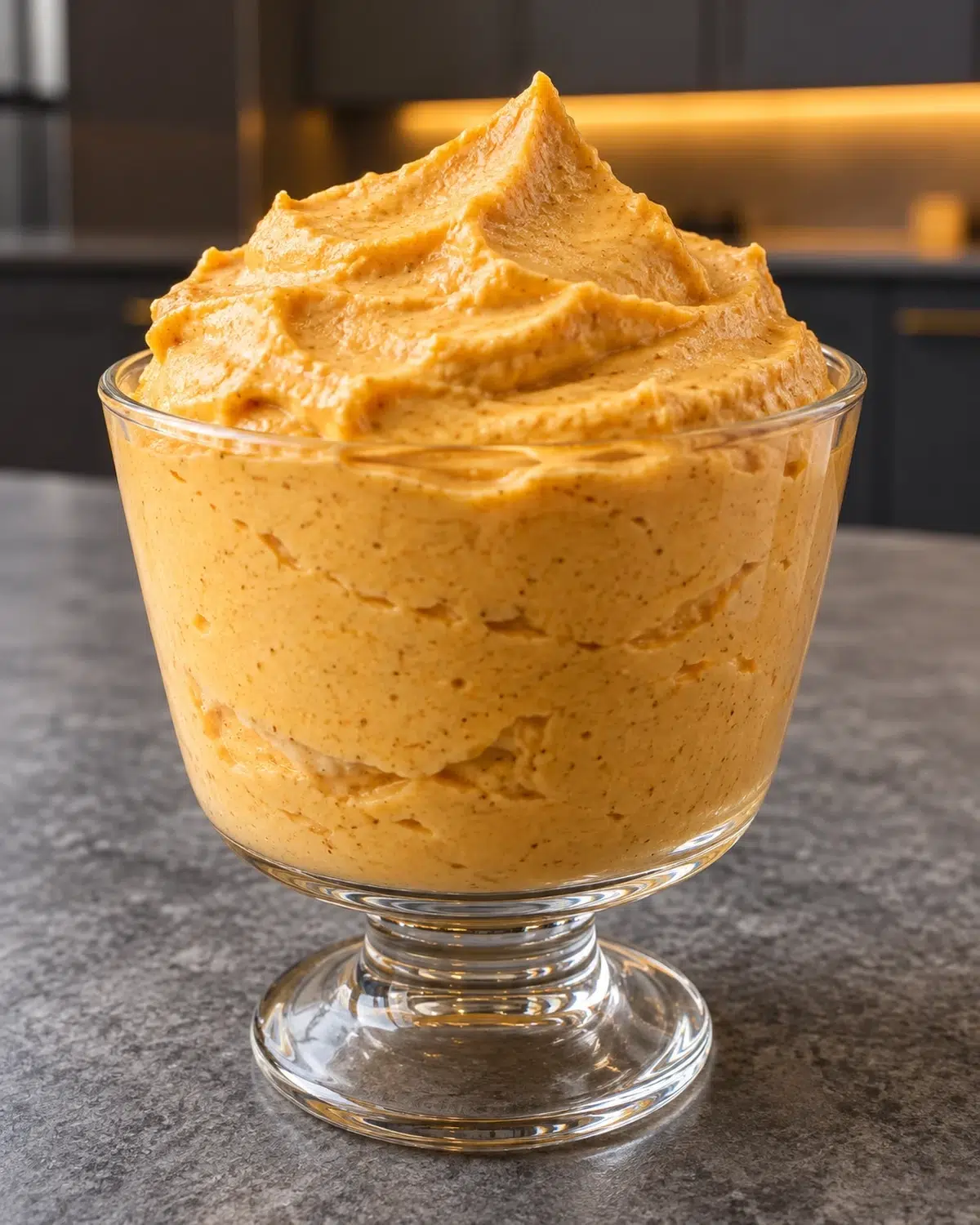 Sugar-free pumpkin mousse piped into a clear footed dessert glass