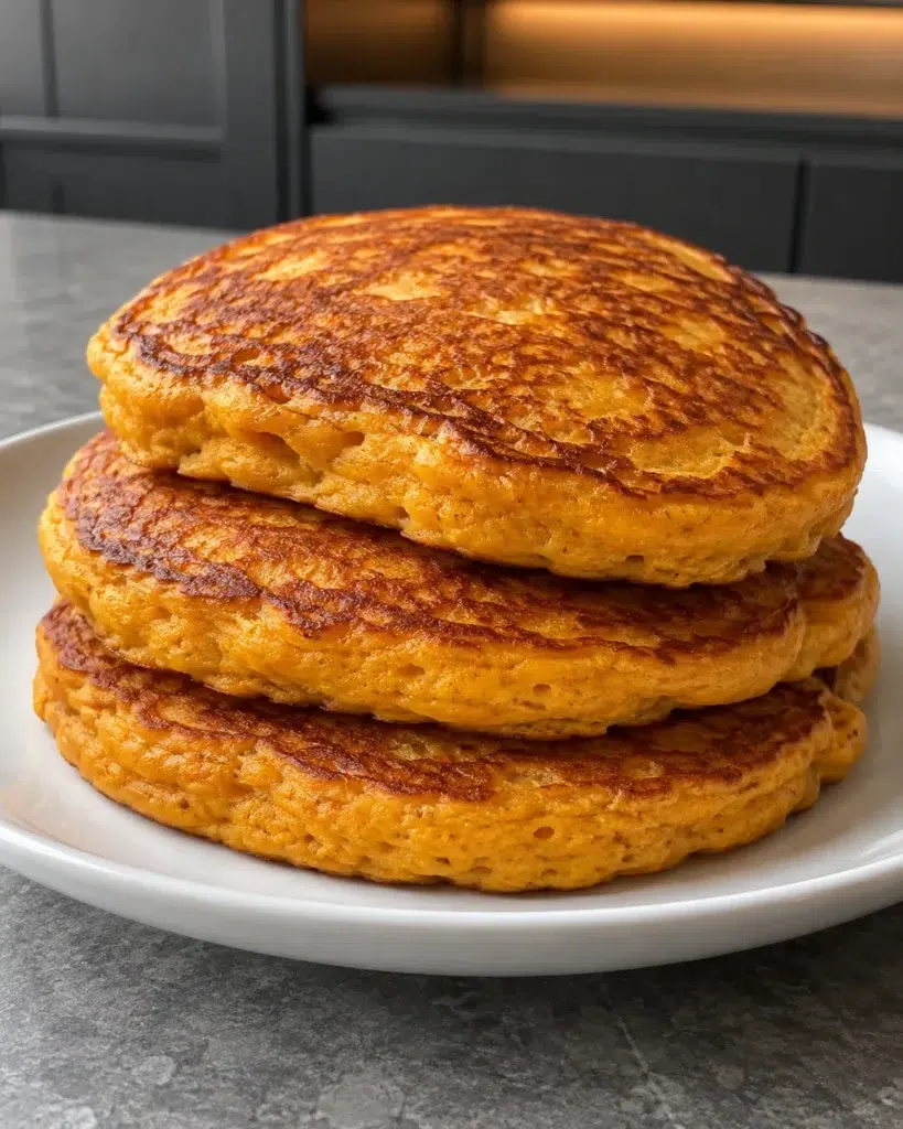 Stack of sugar-free pumpkin pancakes on a white plate