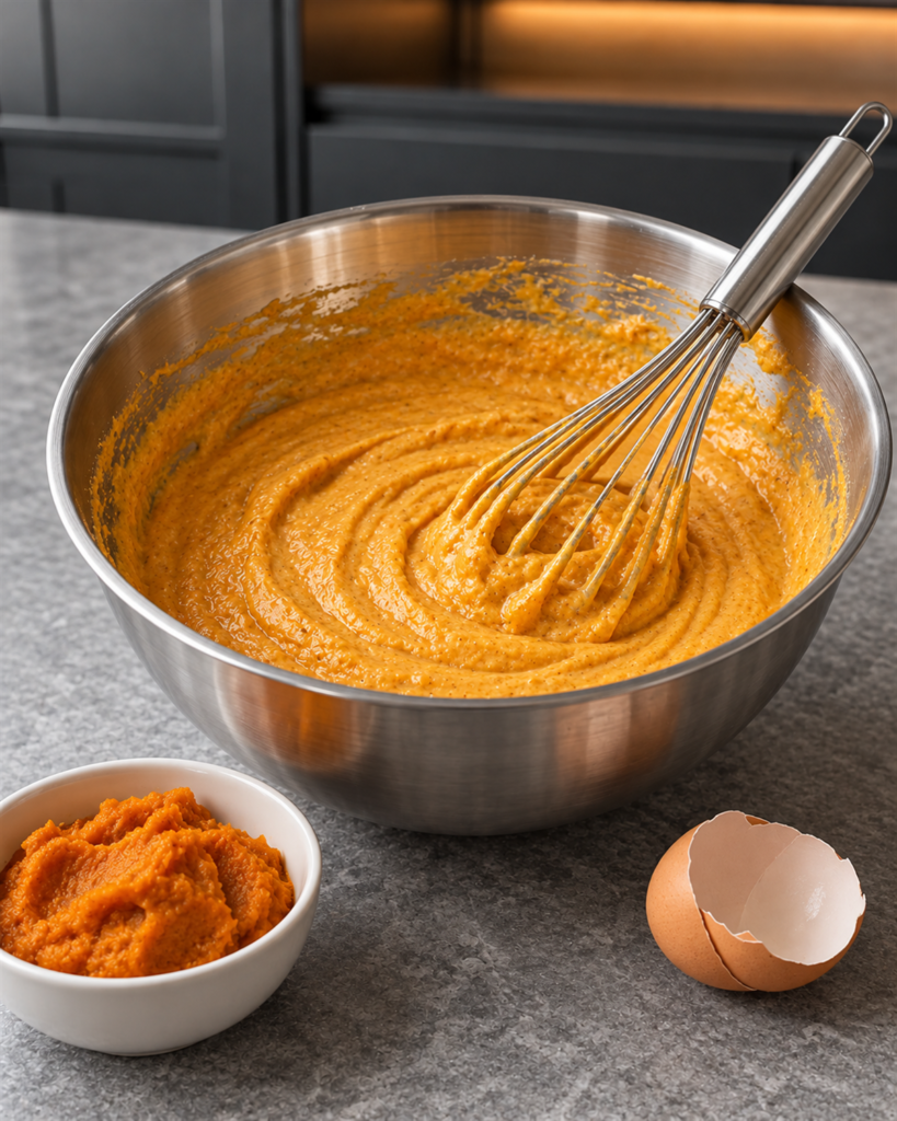 Orange pumpkin pancake batter whisked smooth in a stainless mixing bowl