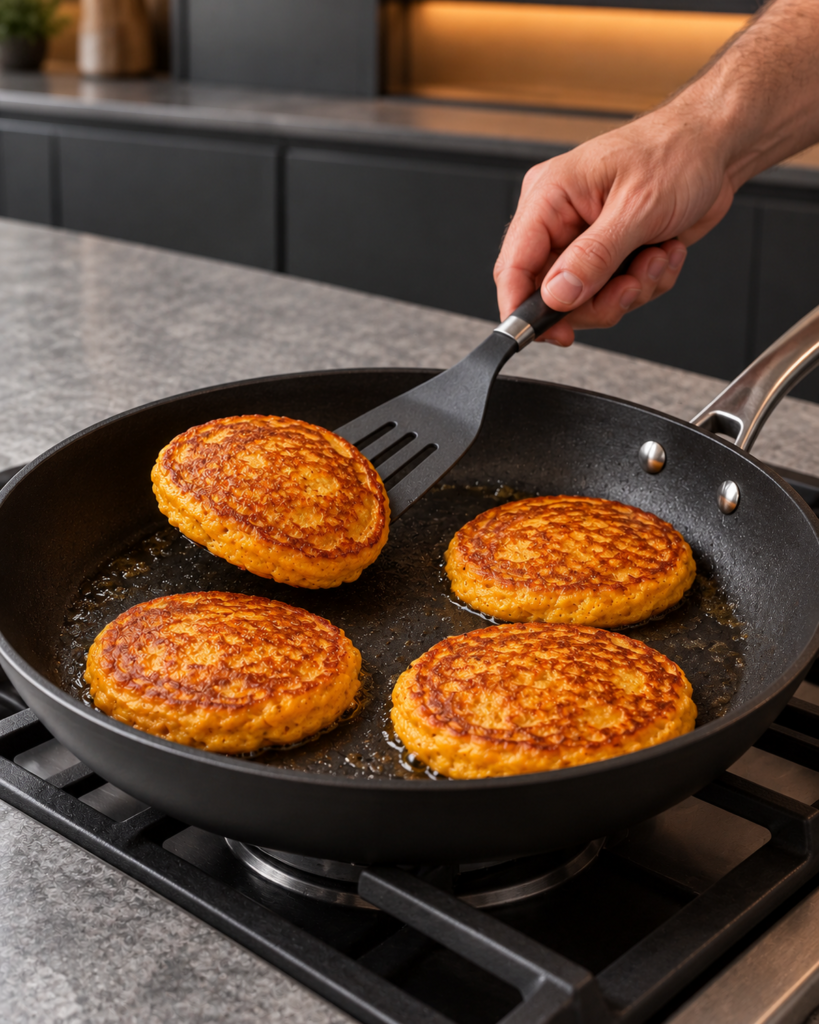 Pumpkin pancakes cooking in a nonstick skillet, one flipped with a thin spatula
