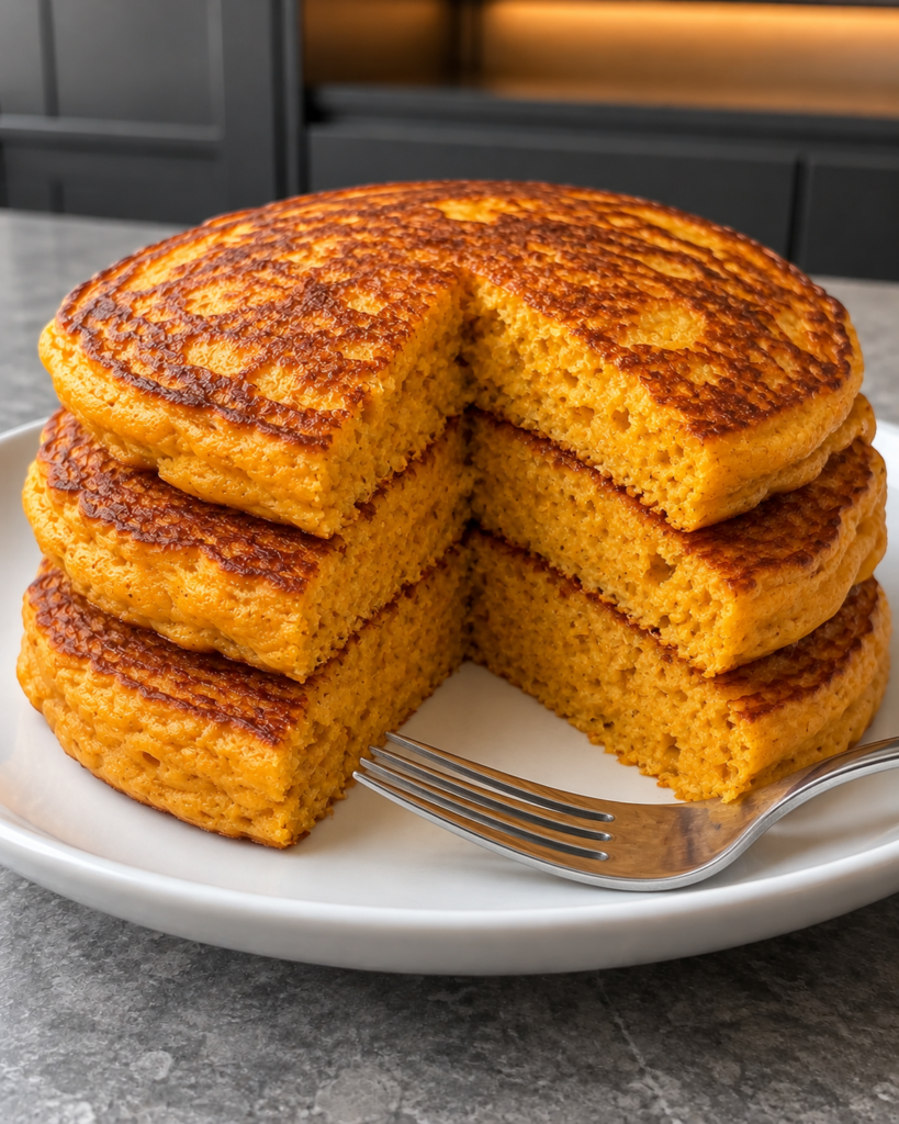 Stack of sugar-free pumpkin pancakes on a white plate with a wedge cut out