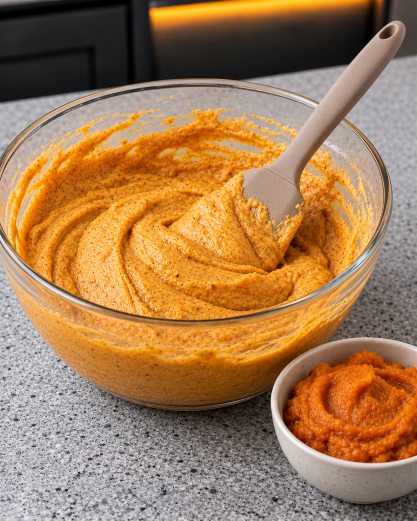 Orange pumpkin waffle batter being folded in a glass bowl