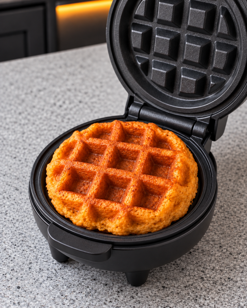 A pumpkin waffle cooked in a 4-inch mini waffle maker