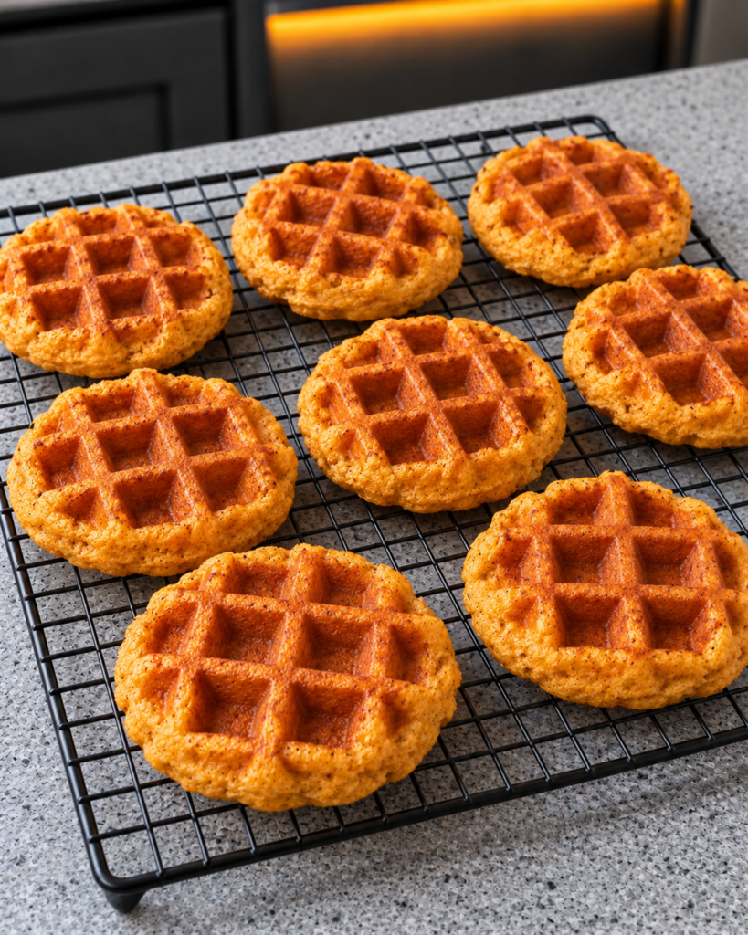 Eight sugar-free pumpkin waffles cooling on a wire rack