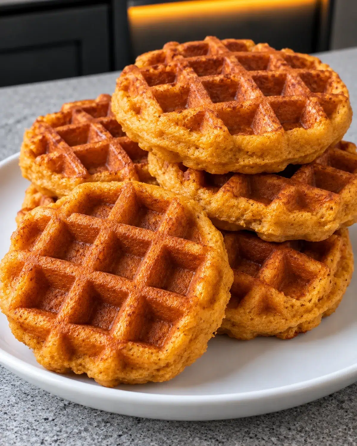 Stack of sugar-free pumpkin waffles with deep golden grids on a white plate