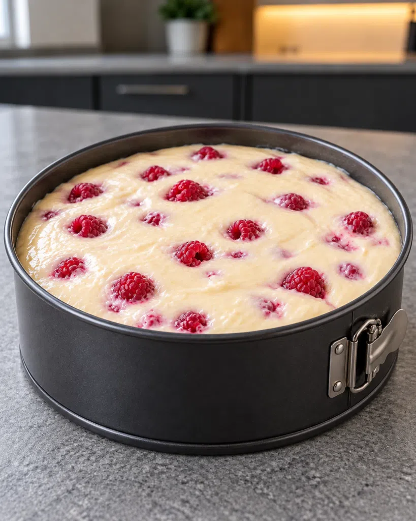 Cheesecake batter with whole raspberries in a springform pan before baking