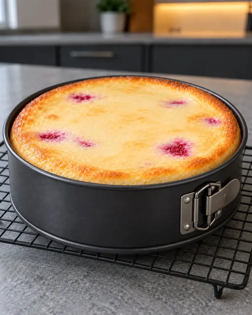 Baked raspberry cheesecake cooling in its springform pan