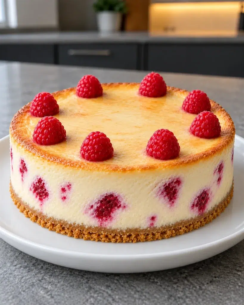 Whole sugar-free raspberry cheesecake with eight fresh raspberries on top