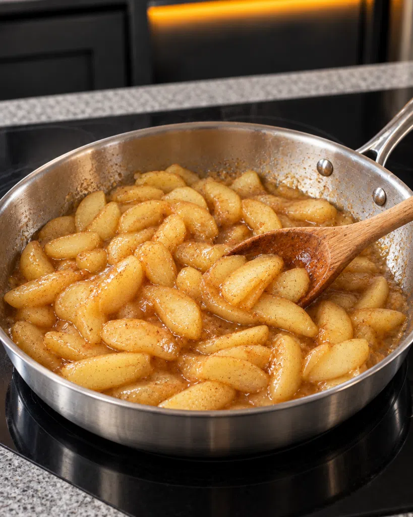 Thin Honeycrisp apple slices cooking with cinnamon in a skillet