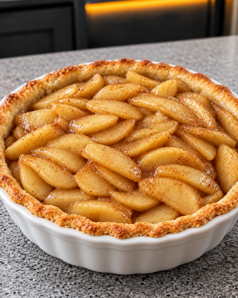 Pre-baked almond crust packed with cinnamon apple slices