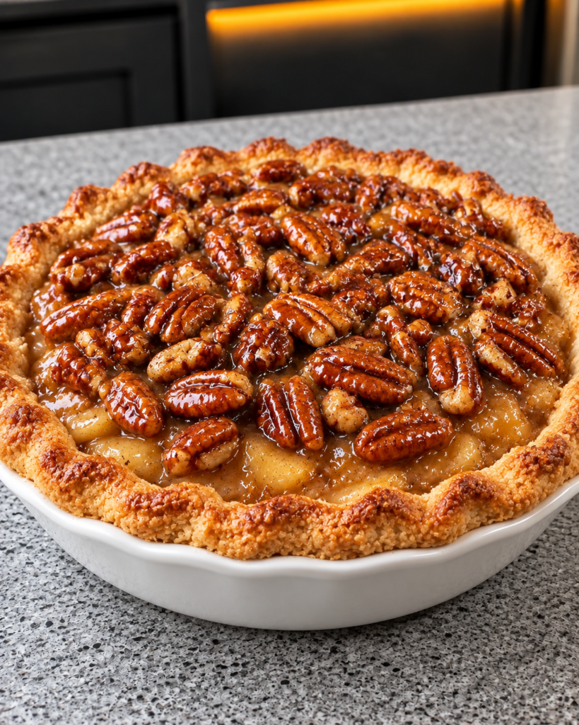 Whole sugar-free salted caramel apple pie with pecan topping