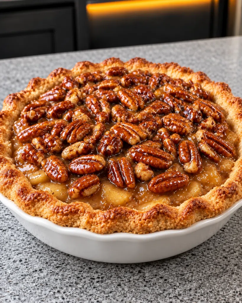 Whole sugar-free salted caramel apple pie with pecan topping