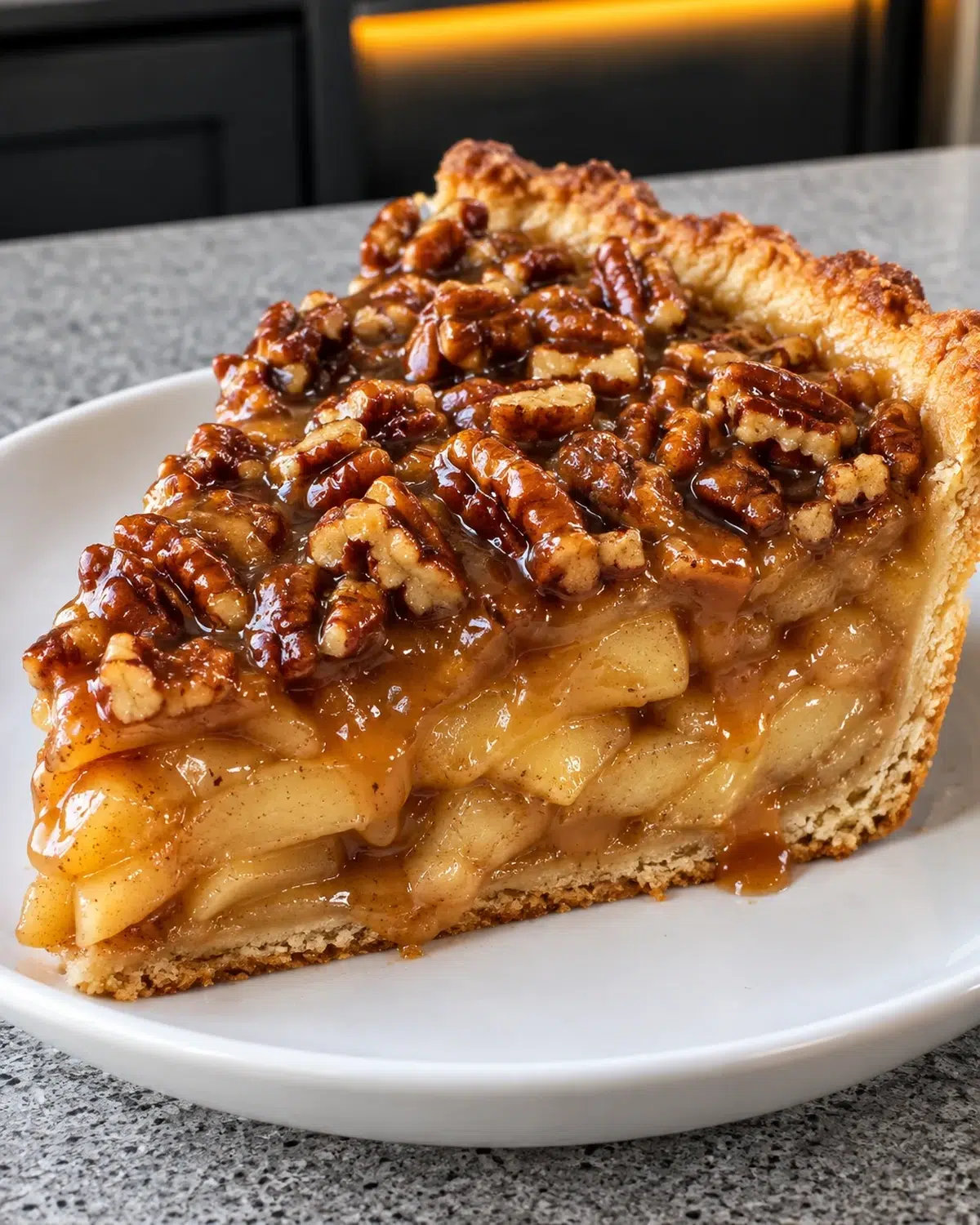 Slice of sugar-free salted caramel apple pie with Honeycrisp apples and caramel pecan topping