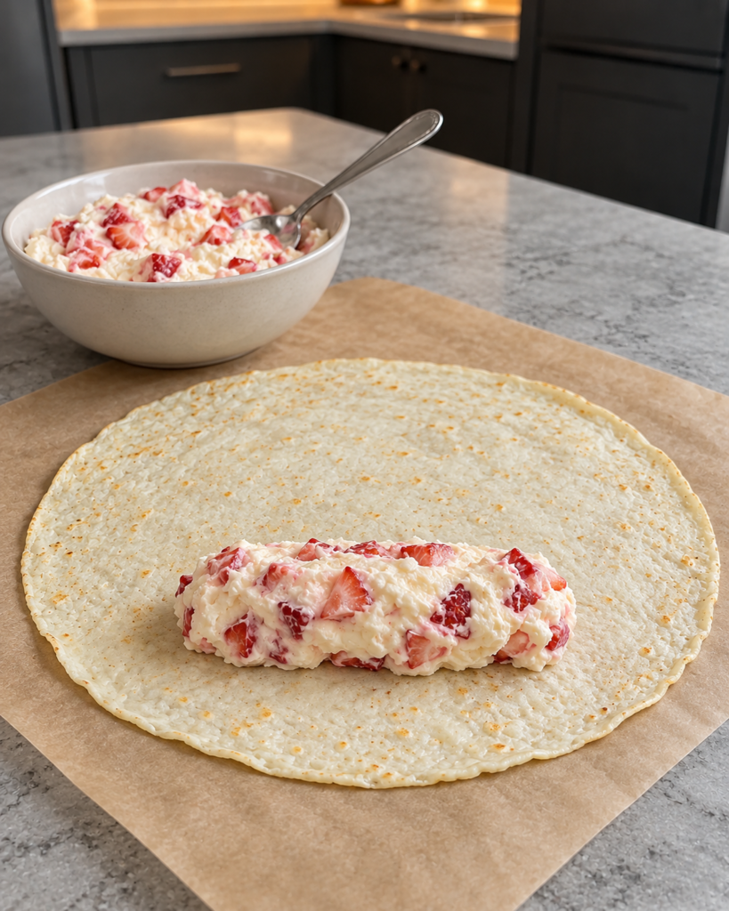 Egg white wrap flat on parchment with a log of strawberry cheesecake filling