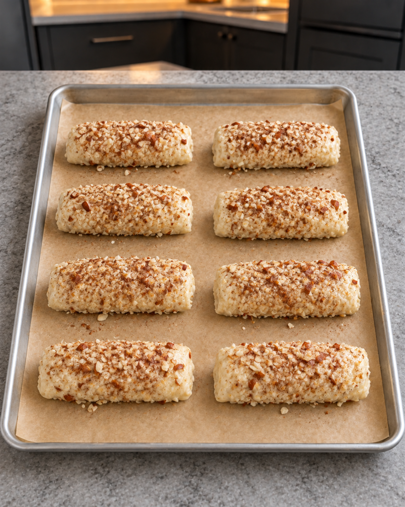 Eight unbaked almond-coated egg white rolls on a parchment-lined baking sheet