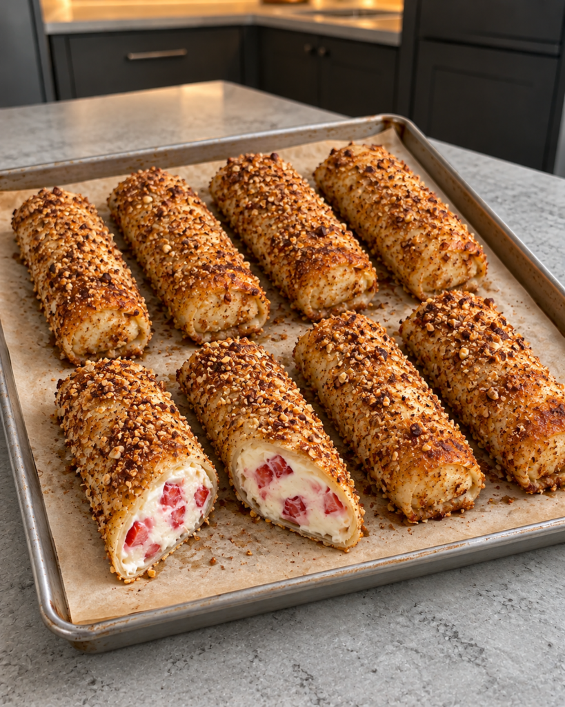 Sugar-free strawberry cheesecake egg rolls baked golden on a sheet pan, two cut open to show the strawberry filling