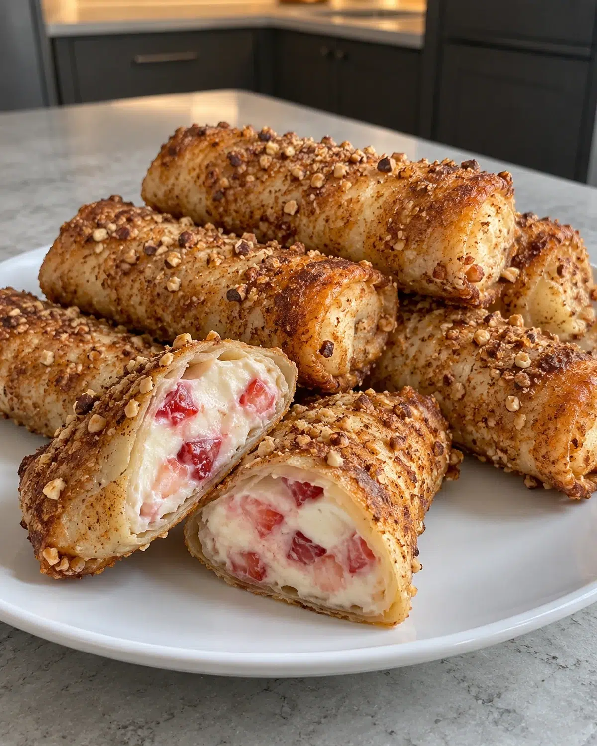 Sugar-free strawberry cheesecake egg rolls sliced to show the strawberry filling