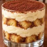 Sugar-free tiramisu cheesecake cup with coffee-soaked almond sponge, cheesecake cream and cocoa in a glass