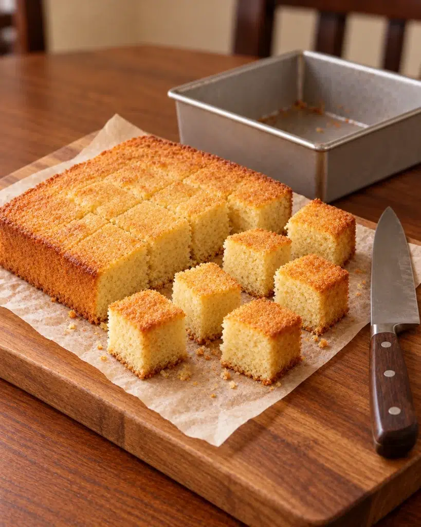 Almond sponge cut into small cubes on a cutting board