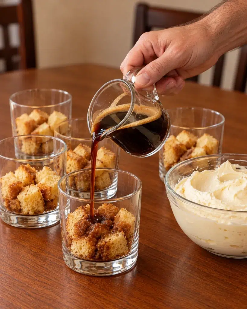 Coffee poured over almond sponge cubes in dessert glasses