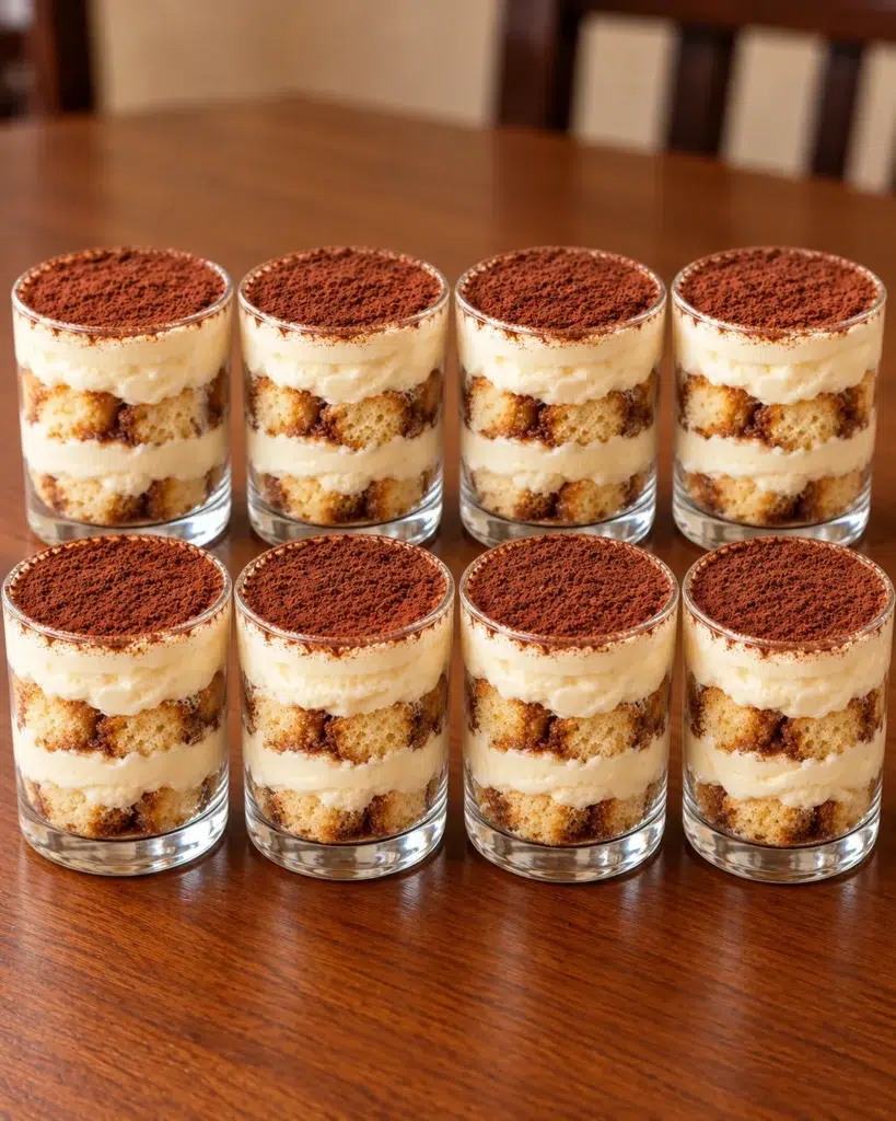 Eight tiramisu cheesecake cups dusted with cocoa