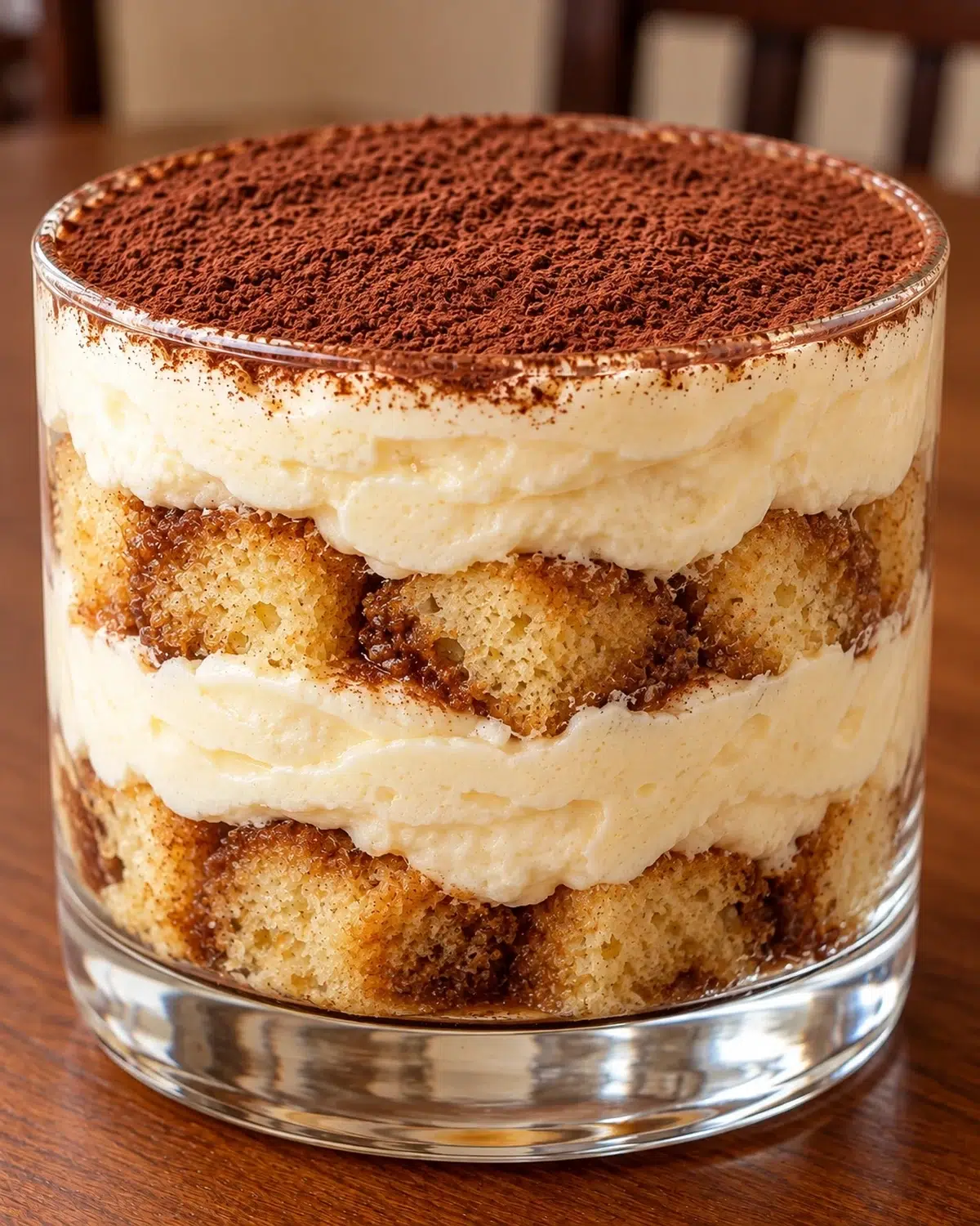 Sugar-free tiramisu cheesecake cup with coffee-soaked almond sponge, cheesecake cream and cocoa in a glass