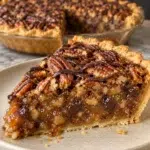 Sugar-free turtle pecan pie slice with glossy pecans and chocolate drizzle on a beige plate