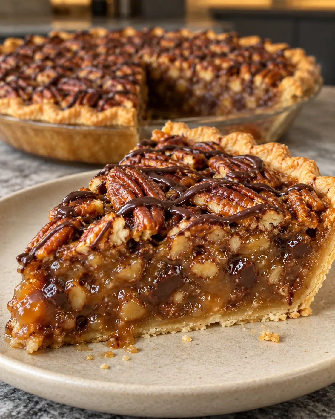 Sugar-free turtle pecan pie slice with glossy pecans and chocolate drizzle on a beige plate